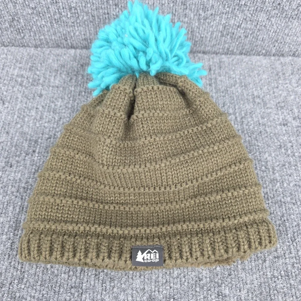 REI Co-op Beanie Hat Girls One Size Brown Blue Pom Knit Fleece Lined Winter